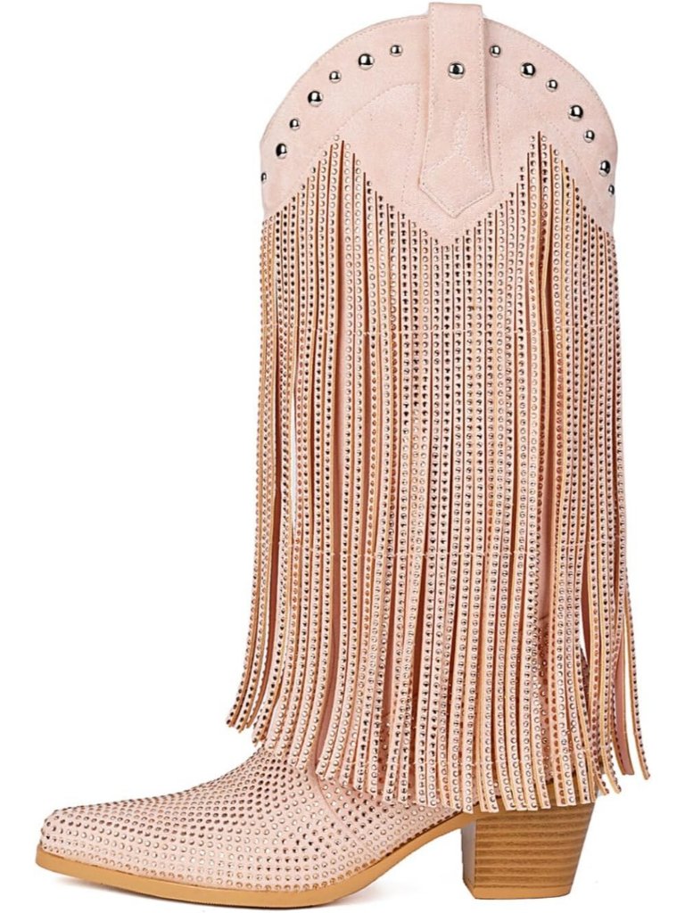 Women's Pink Rhinestone Fringe Cowgirl Boots Pointed Toe Sparkly Western Boots